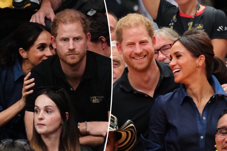 A split photo of Meghan Markle and Prince Harry sitting at the Invictus Games and another photo of Prince Harry and Meghan Markle sitting together