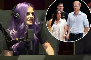 Kelly Osbourne with an inset of Meghan Markle and Prince Harry