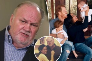 Thomas Markle split with Meghan Markle, Prince Harry and their kids with an inset of Thomas and Meghan together.