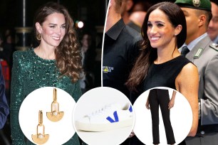 Kate Middleton and Meghan Markle with insets of earrings, sneakers and black skinny jeans from Frame
