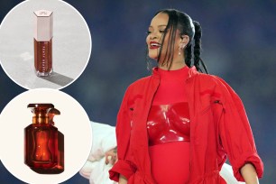 Rihanna with insets of Fenty lip gloss and perfume