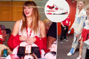 Travis Kelce and Taylor Swift with an inset of a red New Balance 550 sneaker