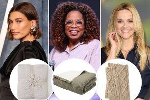 Hailey Bieber, Oprah and Reese Witherspoon with insets of three throw blankets