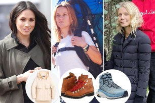 Meghan Markle, Reese Witherspoon and Gwyneth Paltrow with insets of a rain coat and two pairs of hiking boots