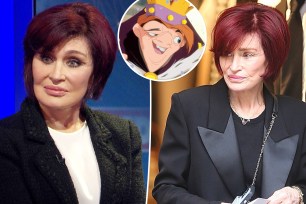 Two split photos of Sharon Osbourne talking and a small photo of cartoon character Quasimodo