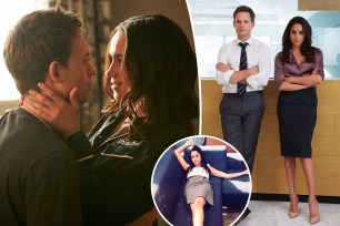Split images of Meghan Markle and Patrick J. Adams in "Suits" with an inset of Meghan Markle on set.