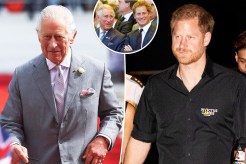 King Charles III split with Prince Harry with an inset of Prince Harry with King Charles III.