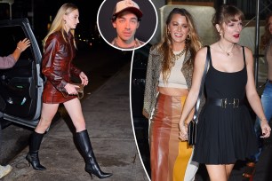 A split photo of Sophie Turner walking and Blake Lively holding hands with Taylor Swift and a small photo of Joe Jonas