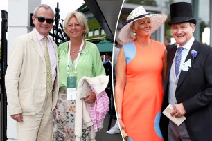 Two split photos of Hugh Bonneville and Lulu Williams posing together at events