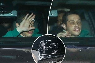 Two split photos of Pete Davidson driving and a small photo of Pete Davidson's crashed car