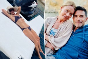 Left photo shows Kelly Ripa lying o her back in a black bikini. Right photo shows Kelly Ripa and Mark Consuelos smiling together cozied up.