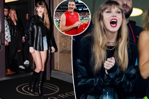 Taylor Swift at Zero Bond split with her at the Jets game with an inset of Travis Kelce.