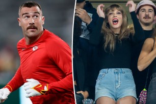 A split photo of Travis Kelce playing football and Taylor Swift cheering at MetLife Stadium