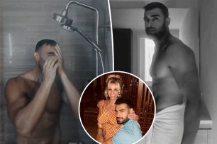 Sam Asghari showering with his abs showing , Sam with a towel wrapped around his waist, and Britney Spears and Sam Asghari posing together