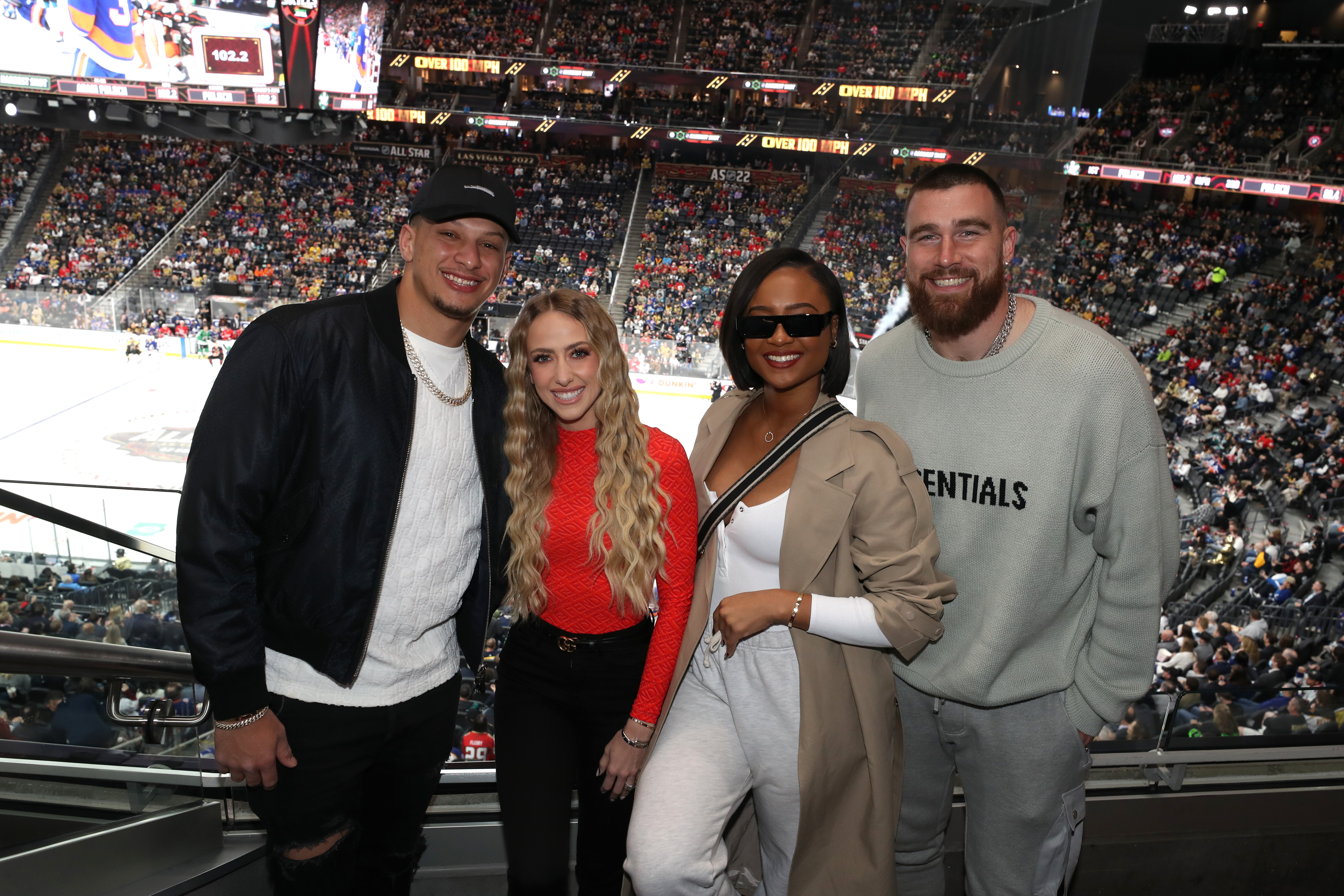 Patrick Mahomes, Brittany Matthews, Kayla Nicole and Travis Kelce posing for a photo