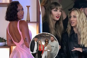 A split photo of Kayla Nicole posing and Taylor Swift talking with Brittany Mahomes and a small photo of Patrick Mahomes, Brittany Matthews, Kayla Nicole and Travis Kelce posing