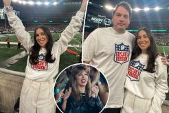 Claudia Oshry and her with Ben Soffer at the Jets-Chiefs game with an inset of Taylor Swift.