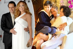 Jennifer Lopez pregnant and with her kids split image.